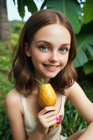 A young girl with a warm and inviting smile, sitting on a lush green grassy hillside surrounded by vibrant tropical trees. She holds a juicy pineapple in one hand, and takes a bite of it with her other hand, savoring the sweet and tangy taste. The sunlight casts a gentle glow on her skin, accentuating her freckles and making her bright blue eyes sparkle. In the background, the trees sway gently in the breeze, their leaves rustling softly. Framed by a subtle shallow depth of field, the subject's face is in sharp focus, with the blurred trees behind her creating a sense of depth and dimensionality. The overall atmosphere is serene and idyllic, inviting the viewer to join her in this peaceful moment of indulgence.