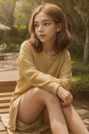 A young woman sits with legs crossed, hands cradling knees, in a serene outdoor setting with lush greenery and warm sunlight casting gentle shadows. She gazes peacefully into the distance, her features illuminated by a soft, golden glow.