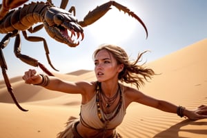 (4k), (masterpiece), (best quality),(extremely intricate), (realistic), (sharp focus), (award winning), (cinematic lighting), (extremely detailed), A girl fighting a scorpion in the desert, from below, boho_chic