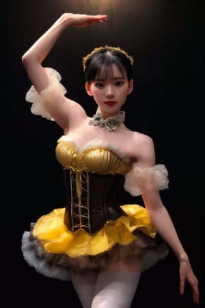 A stunning dancer in a dimly lit, vintage-inspired cabaret setting. Soft, warm lighting casts a golden glow on her porcelain skin and raven-black hair as she strikes a dramatic pose mid-pirouette. Her flowing tutu and ornate corset glimmer like diamonds against the rich, dark backdrop.