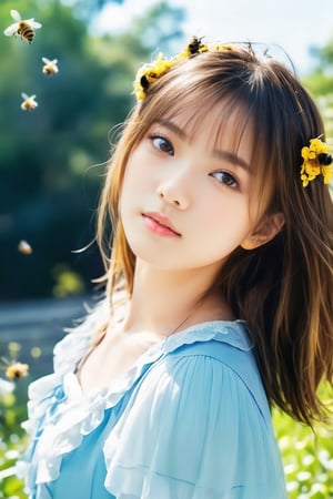 (masterpiece, 8k, photorealistic, RAW photo, best quality, sharp: 1), summer sunshine, A fresh breeze, fluttering hair, outdoor, cute pose, ((A girl cosplaying as a honey bee)), with bees flying around her