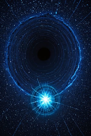 A swirling vortex of dark matter dominates the frame, a cosmic black hole's event horizon illuminated by an eerie blue glow. Starlight and gas swirl around its edge, a mesmerizing dance of celestial debris. In the distance, a distant galaxy's faint light hints at the vastness of the universe.