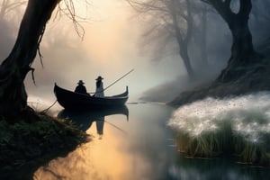 (best quality,4k,8k,highres,masterpiece:1.2),ultra-detailed,(realistic,photorealistic,photo-realistic:1.37),pale-dressed girl,creepy ferryman's boat,world of the dead,riverbank with blooming spider lilies,illustration,2 girls,spiritual atmosphere,misty surroundings,eerie atmosphere,water reflections,dark lighting,deceased spirits,ethereal figures,will-o'-the-wisps,hauntingly beautiful,lonely and mysterious setting,calm and tranquil ambiance,surreal composition,charmingly haunting,subtle shades of white,dreamlike haze,soft and delicate atmosphere,supernatural elements,ethereal glow,whispering winds,misty river,spiritual transition,seamless blend of reality and the supernatural,narrow river winding through dense fog,magical undertones,twisting vines and roots,wispy clouds,hidden secrets,evocative and ethereal,ghostly presence,spectral beings,nightfall on the river,shadows and light,reflection of the past,serene yet melancholic,dreamy composition,lost souls wandering silently,ethereal beauty,captivating and enchanting scenery,hauntingly poetic