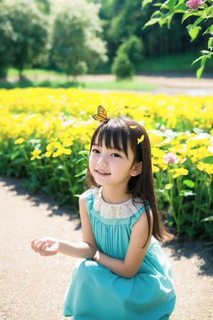 A girl playing with butterflies, a view of beautiful flowers blooming, near the stream