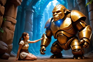 (4k),  (masterpiece),  (best quality), (extremely intricate),  (realistic),  (sharp focus),  (award winning),  (extremely detailed), (best quality,4k,8k,highres,masterpiece:1.2),ultra-detailed,(realistic,photorealistic,photo-realistic:1.37), girl playing with golem, Dilireba