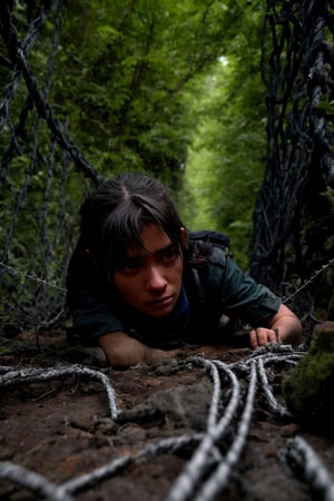 Low-angle shot of a determined female soldier crawling beneath a twisted mass of barbed wire, her weary expression a testament to her unwavering resolve. The camera's gaze is positioned at the soldier's level, emphasizing her grit and tenacity as she navigates the treacherous terrain. A worn rifle slung over her shoulder, its metal glinting in the dim light. Surrounding foliage is overgrown and unkempt, adding to the sense of desolation and urgency.