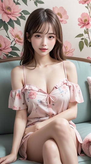 1girl, (clean appearance, radiant sense of happiness), (Adorable and sexy appearance:1.2), open mouth slightly, (big round eyes:1.15), (extremely detailed beautiful face), (Cute floral shirt with open chest:1.45), (bare shoulders:1.3), (Best Quality:1.4), (Ultra-detailed), (Ultra realistic, photo-realistic:1.37), beautiful fair skin, extremely detailed CG unified 8k wallpaper, raw photos, professional photograpy, cinematic lighting, (A cute pink floral wallpaper), (sitting on a cute fluffy sofa), spread legs wide open, Staring at me, fashionable, trendy,