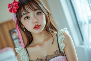 Japanese female, 18 years old, kawaii, cute face, pout your mouth, sexy lips, Cute lace costume, upper body, indoors, highest quality, high resolution, 
