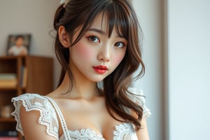 Japanese female, 18 years old, kawaii, cute face, pout your mouth, sexy lips, Cute lace costume, upper body, indoors, highest quality, high resolution, 
