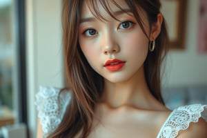 Japanese female, 18 years old, kawaii, cute face, sexy lips, lace costume, upper body, indoors, highest quality, high resolution, 
