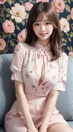 1girl, (A clean appearance, a very cheerful smile, and a radiant sense of happiness), (big round eyes:1.15), (extremely detailed beautiful face), (Cute floral shirt with open chest:1.3), (Best Quality:1.4), (Ultra-detailed), (Ultra realistic, photo-realistic:1.37), beautiful fair skin, extremely detailed CG unified 8k wallpaper, raw photos, professional photograpy, cinematic lighting, (A cute pink floral wallpaper), (sitting on a cute fluffy sofa), spread legs wide open, Staring at me, fashionable, trendy, 