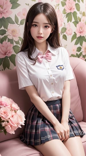 (1girl), Amazing face and eyes, (big round eyes:1.15), (extremely detailed beautiful face), (school uniform, pleated mini skirt:1.3), (school uniform with open breasts), (Best Quality:1.4), (Ultra-detailed), (Ultra realistic, photo-realistic:1.37), beautiful fair skin, extremely detailed CG unified 8k wallpaper, raw photos, professional photograpy, cinematic lighting, ((A cute photo studio with pink wallpaper, pink flower decorations)), sitting on a cute sofa, spread legs wide open, Staring at me, fashionable, trendy, (Cute wallpaper), ((warm lighting)), 