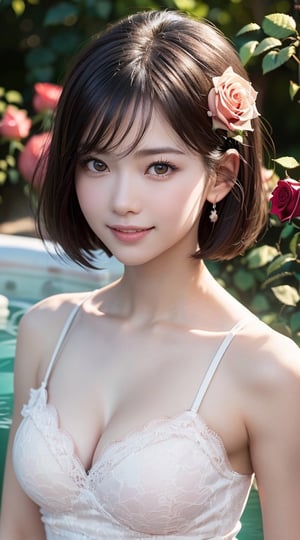 1girl, Amazing face and eyes, (extremely detailed beautiful face), smile slightly, (big round eyes), (Short white lace dress with open chest), (bare shoulders:1.3), (Best Quality:1.4), (Ultra-detailed), (Ultra realistic, photo-realistic:1.37), beautiful fair skin, Smile slightly, Staring at me, extremely detailed CG unified 8k wallpaper, raw photos, professional photograpy, cinematic lighting, outdoor, (Hot springs:1.5), (Rose hot springs:1.5), (surrounded by lots of roses:1.5), clear skies, forests, luxury,