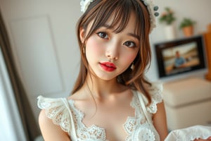 Japanese female, 18 years old, kawaii, cute face, sexy lips, lace costume, upper body, indoors, highest quality, high resolution, 
