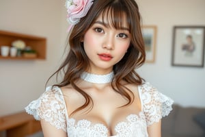 Japanese female, 18 years old, kawaii, cute face, sexy lips, lace costume, upper body, indoors, highest quality, high resolution, 
