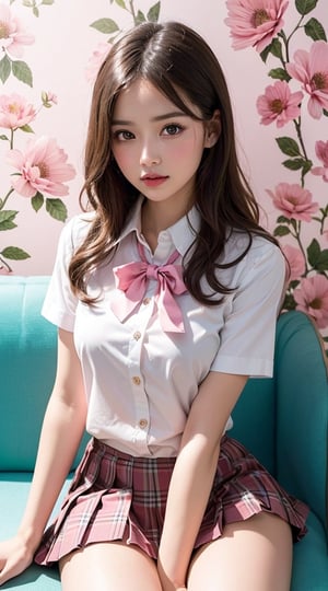 (1girl), Amazing face and eyes, (big round eyes:1.15), (extremely detailed beautiful face), (school uniform, pleated mini skirt:1.3), (school uniform with open breasts), (Best Quality:1.4), (Ultra-detailed), (Ultra realistic, photo-realistic:1.37), beautiful fair skin, extremely detailed CG unified 8k wallpaper, raw photos, professional photograpy, cinematic lighting, ((A cute photo studio with pink wallpaper, pink flower decorations)), sitting on a cute sofa, spread legs wide open, Staring at me, fashionable, trendy, (Cute wallpaper), ((warm lighting)), 