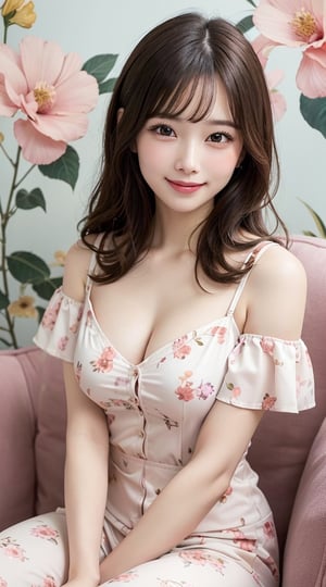 1girl, (A clean appearance, a very cheerful smile, and a radiant sense of happiness), (big round eyes:1.15), (extremely detailed beautiful face), (Cute floral shirt with open chest:1.3), (bare shoulders:1.3), (Best Quality:1.4), (Ultra-detailed), (Ultra realistic, photo-realistic:1.37), beautiful fair skin, extremely detailed CG unified 8k wallpaper, raw photos, professional photograpy, cinematic lighting, (A cute pink floral wallpaper), (sitting on a cute fluffy sofa), spread legs wide open, Staring at me, fashionable, trendy, 