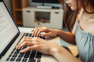 18yo, kawaii, A Japanese young girl, A close-up focusing on a young woman's as she types expertly on a laptop keyboard. Her fingers move swiftly and precisely, using all ten fingers with professional-level typing speed and accuracy. The keys make a subtle clicking sound as she creates text on the screen. The camera zooms in on her fingers, capturing the movement of each digit as they glide across the keys, showing her mastery of touch typing. The lighting is soft, emphasizing the hands and the laptop without any distractions in the background.tube top,From side,woman's beautiful fine face, room, tube top