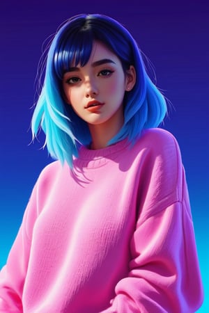 shadow flat vector art, illustrator, anime , realistic ,sketch , 1girl, ,lip, Sweater,order, Blue gradient background, Neon hair,Textured crop,xxmix_girl