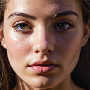 Generate an image that achieves undoubted photorealism, capturing the intricate imperfections of a human subject. The skin should have a complex texture map that includes pores, moles, fine lines, and slight variations in pigmentation, with a multiscale roughness map to simulate varying levels of shininess and matte across the face. Implement advanced subsurface scattering techniques to emulate the semi-translucent property of skin with irregular diffusion, especially around the nose and ears. Render the hair with a physics-based simulation that reflects the natural grouping and adhesion of wet strands, varying in transparency and glossiness. Each strand should catch and diffract light based on its relative wetness. The eyes should have a deep-set look, with a multi-layered iris texture that includes fine fibrous details and an irregular, non-uniform catchlight reflecting a realistic light environment. Include micro-veins in the sclera with subtle color gradients to mimic the natural variance in human eyes. Ensure facial symmetry is not absolute, introducing micro-variations in the position and scale of features to reflect the natural asymmetry of a real human face. The lips should have a detailed texture map that defines dry versus moist areas, causing light to scatter differently across them. Employ a dynamic range lighting setup that casts defined but soft-edged shadows to sculpt the facial features, using a combination of a strong key light and a softer fill light to create a realistic interplay of light and shadow. Include ambient occlusion particularly in areas where the hair casts a shadow on the forehead, and where the neck meets the jaw. The final render should incorporate environmental lighting effects, reflecting subtle colors from the surroundings onto the skin, and should be free from any noise or rendering artifacts. Capture this with the precision of a full-frame sensor camera, through an 85mm prime lens set at f/2.0 for a shallow depth of field, rendering a softly blurred background that complements the sharply focused subject --v 6