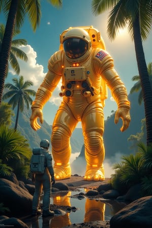 A masterpiece by Eli Roth, featuring an astronaut floating gracefully against a backdrop of distant galaxies. In the foreground, a gigantic translucent golden glowing monster stands on wet ground in a lush jungle. The scene is bathed in warm, cozy lighting on a beautiful sunny day, with intricate details and vibrant colors. The composition is dynamic, capturing the awe-inspiring scale and surreal atmosphere.