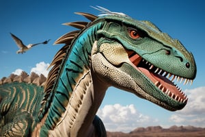 elegant, highly detailed, majestic, digital photography, 
ultra photorealism, detailed dinosaur's skin, expressive look,  astonishing realism, hyper-realistic, lifelike texture, authentic, 
((realistic dinosaur)), neck with dinosaur skin, cheeky smile with teeth, feathers, feathered, bird like, modern dinosaur, colourful feathers, 