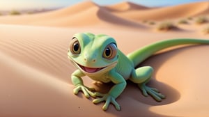 lizard, cute, smiling, cute eyes, desert environment, green lizard, sand dunes, close up, bright lighting, adorable, high resolution, flat scales, friendly,  intelligent, realistic limbs, tail, 