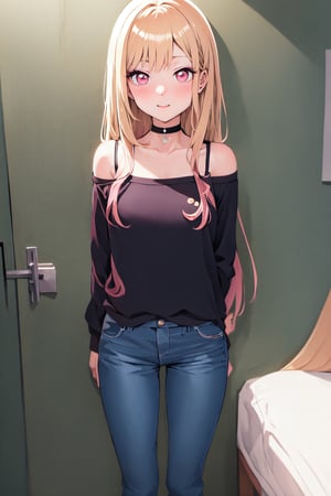 Kitagawa Marin, detailed, anime girl, (best quality, masterpiece, ultra quality), pink eyes, blonde and pink hair, blushing, tiny_breasts, very_long_hair, choker, two arms, black shirt, black jeans, bare shoulders, bubbly face, MARIN KITAGAWA,kitagawa marin sb,MARIN KITAGAWA,MarinKitagawa,kitagawa marin