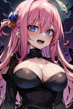 gotou1, gotou hitori, solo, bangs, hair between eyes, pink hair 
(masterpiece, best quality, highres:1.3), ultra resolution image, (1girl), (solo), (mascara, eyelashes), large breast, petite body, niji, Halloween girl, Halloween cosplay, blood on mouth, open mouth,terror, embarassed, bloodborne, viewed_from_behind, from_behind, seen from below,Hair over eyes, castle,gotou1