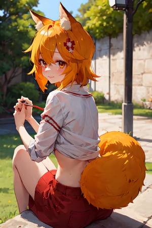 masterpiece, best quality, highly detailed, sen, animal ears, fox ears, smile, full body, from behind, sitting, fox girl, fox tail, hair flower, hair ornament, orange eyes, orange hair, short hair, tail, blush, looking at viewer, petite, girl, upper body,sen, animal ears, fox ears, fox girl, fox tail, hair flower, hair ornament, orange eyes, orange hair, short hair, tail, outdoors, small breasts, midriff, detailed hands