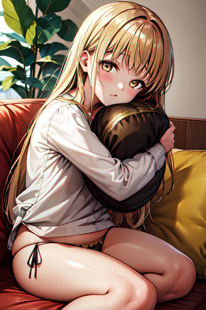 masterpiece, best quality, dynamic angle, looking at viewer, bloom, a girl, solo, shiina mahiru, yellow eyes, mouth hold hairrope, pillow hug, couch, side-tie panties, plants, beautiful detailed background,