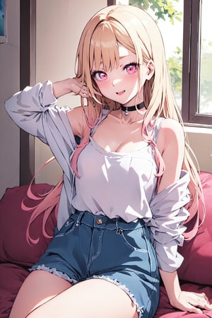 Kitagawa Marin, detailed, anime girl, (best quality, masterpiece, ultra quality), pink eyes, blonde and pink hair, blushing, tiny_breasts, very_long_hair, choker, two arms, black shirt, black jeans, bare shoulders, bubbly face, MARIN KITAGAWA,kitagawa marin sb,MARIN KITAGAWA,MarinKitagawa,kitagawa marin