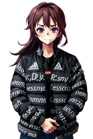 drip jacket,white background, shirt, jacket, closed mouth, open clothes, black pants, pants, 1girl,  black shirt, looking at viewer, open jacket, solo, own hands together ,mudrock 