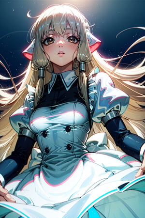 chii,(dutch angle:1.2), cowboy shot, (from below:1.2)(masterpiece, best quality, ultra-detailed), (beautiful detailed face, beautiful detailed eyes, volumetric lighting),1girl, solo, brown eyes, expressionless, empty eyes, robot ears, platinum blonde hair, white dress, maid, hair tubes,mksks style, (outdoors, beautiful lake, landscape, ), (light particles, lens flare, chromatic aberration:1.2),