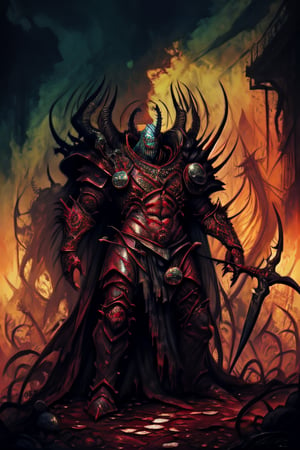 chaos warrior, (masterpiece), absurdres, (absurdly detailed:1.2), undivided, 2D, solo, best quality, dirty, bloodstained, , dirty armor, satanic,chaosmix, full_body 