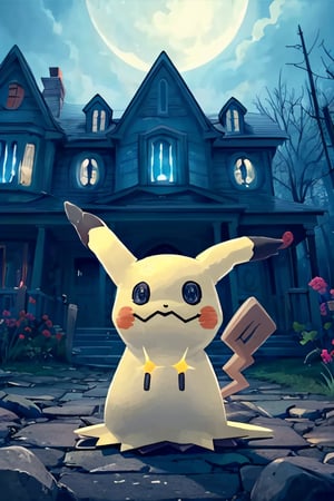 ((masterpiece,best quality)), absurdres,, Mimikyu_Pokemon,  no humans, solo, looking at viewer, cinematic composition, haunted house background,