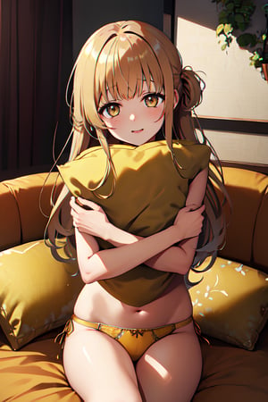 masterpiece, best quality, dynamic angle, looking at viewer, bloom, a girl, solo, shiina mahiru, yellow eyes, mouth hold hairrope, pillow hug, couch, side-tie panties, plants, beautiful detailed background,