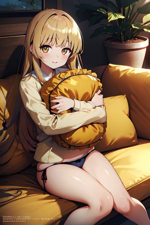 masterpiece, best quality, dynamic angle, looking at viewer, bloom, a girl, solo, shiina mahiru,  cute eyes, anime eyes, yellow eyes, mouth hold hairrope, pillow hug, couch, side-tie panties, plants, beautiful detailed background,