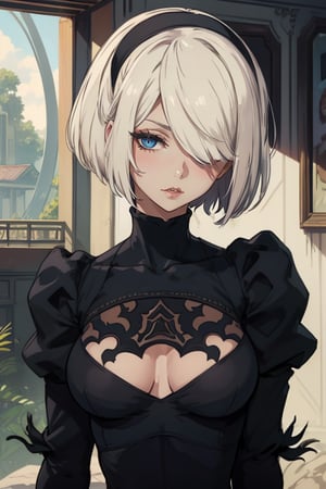 masterpiece, best quality, torso view only, 8k, detailed colors, bright skin colors, illustration (hyper detailed, brightness: 1.4), photo taken from the front, perfect detailed body, tight clothing, in a blue room, face blushing, sexy pose, yorha no. 2 type b
,2B Nier Automata