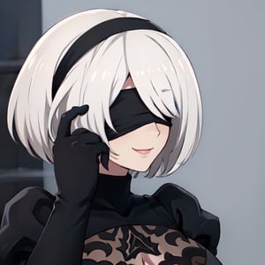 Highly detailed, High Quality, Masterpiece, beautiful, RollSafeMeme, , 1girl, solo, smile, n_2b, blindfold, black blindfold, large breasts, ,yorha no. 2 type b