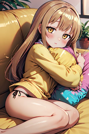 masterpiece, best quality, dynamic angle, looking at viewer, bloom, a girl, solo, shiina mahiru, yellow eyes, mouth hold hairrope, pillow hug, couch, side-tie panties, plants, beautiful detailed background,