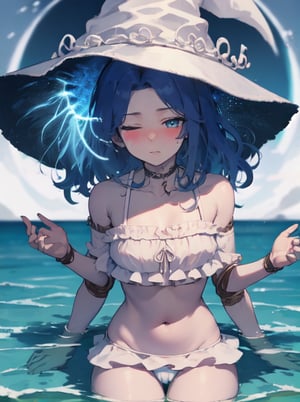 masterpiece, detailed, high quality, absurdres, ranni, 1girl, solo, cracked skin, doll joints, one eye closed, four arms, blush, medium breasts, curvy, witch hat, white headwear, swimsuit, crop top, white microskirt, (frills:1.3), cameltoe, sitting, (partially submerged), moon, cowboy shot, ,Detailedface,MOLESTATION
