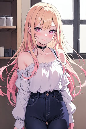 Kitagawa Marin, detailed, anime girl, (best quality, masterpiece, ultra quality), pink eyes, blonde and pink hair, blushing, tiny_breasts, very_long_hair, choker, two arms, black shirt, black jeans, bare shoulders, bubbly face, MARIN KITAGAWA,kitagawa marin sb,MARIN KITAGAWA