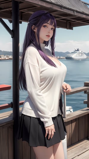 masterpiece, best quality, absurdres, perfect anatomy, 1girl, solo, FernFrieren, very long hair, purple eyes, ,white sweater,  long sleeves,mini_skirt , outdoors, harbor, large breasts, ,FernFrieren.upper body.,perfect.plump.cruise ship.seagull.looking at viewer.