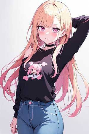 Kitagawa Marin, detailed, anime girl, (best quality, masterpiece, ultra quality), pink eyes, blonde and pink hair, blushing, tiny_breasts, very_long_hair, choker, two arms, black shirt, black jeans, bare shoulders, bubbly face, MARIN KITAGAWA,kitagawa marin sb,MARIN KITAGAWA