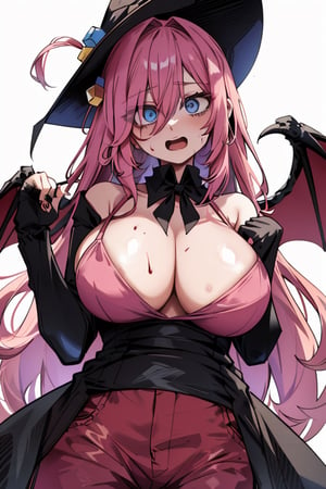 gotou1, gotou hitori, solo, bangs, hair between eyes, pink hair 
(masterpiece, best quality, highres:1.3), ultra resolution image, (1girl), (solo), (mascara, eyelashes), large breast, petite body, niji, Halloween girl, Halloween cosplay, blood on mouth, open mouth,terror, embarassed, bloodborne, viewed_from_behind, from_behind, seen from below,Hair over eyes, castle,gotou1