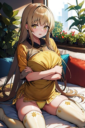 masterpiece, best quality, dynamic angle, looking at viewer, bloom, a girl, solo, shiina mahiru, yellow eyes, mouth hold hairrope, pillow hug, couch, side-tie panties, (thighhighs), plants, beautiful detailed background,
