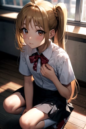 nijikaijichi, , nijika ijichi, ahoge, blonde hair, (brown eyes:1.5), long hair, one side up, (flat chest:1.2), BREAK black skirt, bow, bowtie, collared shirt, pleated skirt, polka dot, polka dot bow, red bow, red bowtie, red footwear, shirt, shoes, short sleeves, skirt, socks, white shirt, white socks, BREAK looking at viewer, BREAK indoors, classroom, BREAK , (masterpiece:1.2), best quality, high resolution, unity 8k wallpaper, (illustration:0.8), (beautiful detailed eyes:1.6), extremely detailed face, perfect lighting, extremely detailed CG, (perfect hands, perfect anatomy)