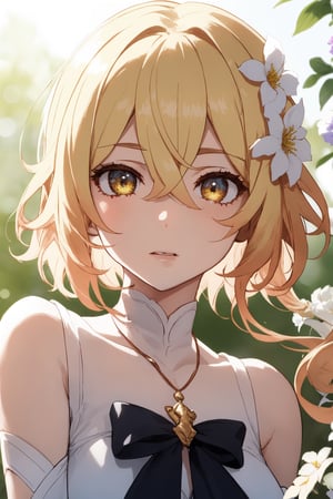 centered, masterpiece, upper body, (beautiful detailed eyes:1.2), | lumine_genshin, 1girl, solo, blonde hair, hair between eyes, short hair with long locks, hair ornament, hair flower, flower, white flower, yellow eyes, | simple background, bokeh, depth of field, | ,High detailed ,More Detail,nm1