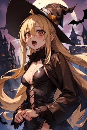 nijikaijichi, , nijika ijichi, ahoge, blonde hair, (brown eyes:1.5), long hair, one side up, (flat chest:1.2)
(masterpiece, best quality, highres:1.3), ultra resolution image, (1girl), (solo), (mascara, eyelashes), large breast, petite body, niji, Halloween girl, Halloween cosplay, blood on mouth, open mouth,terror, embarassed, bloodborne, viewed_from_behind, from_behind, seen from below,Hair over eyes, castle